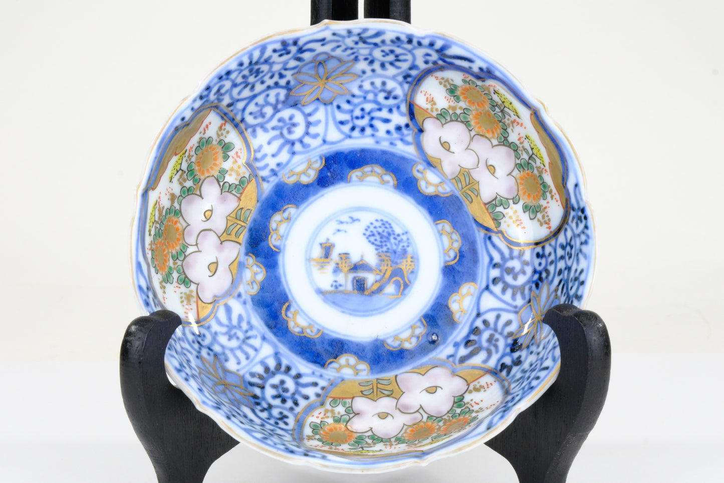 Japanese Imari Kinrande Bowl Willow Landscape Plum Blossom Gold Meiji 6 Inch