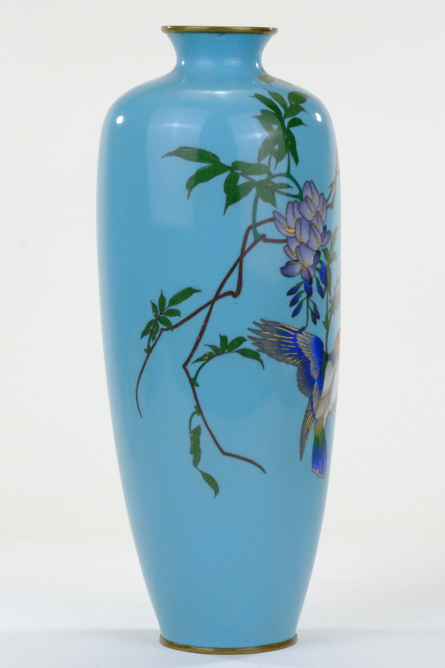 Antique Japanese Meiji Era (c1880) Cloisonné Vase Wisteria & Bluebird on Turquoise 12”