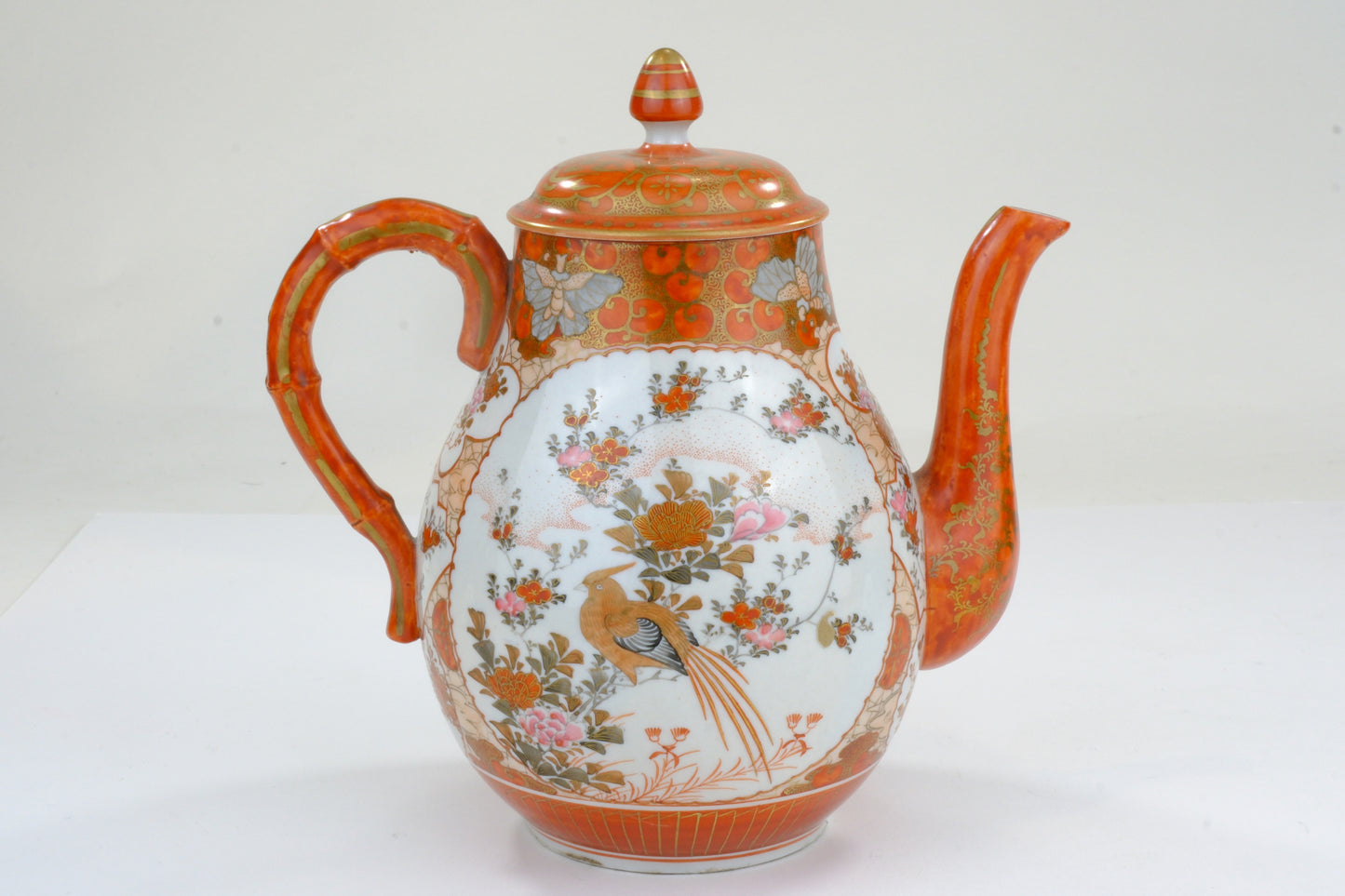 Antique Japanese Kutani Coffee Pot Bijin Figures Paradise Bird Butterfly Bamboo Handle Meiji