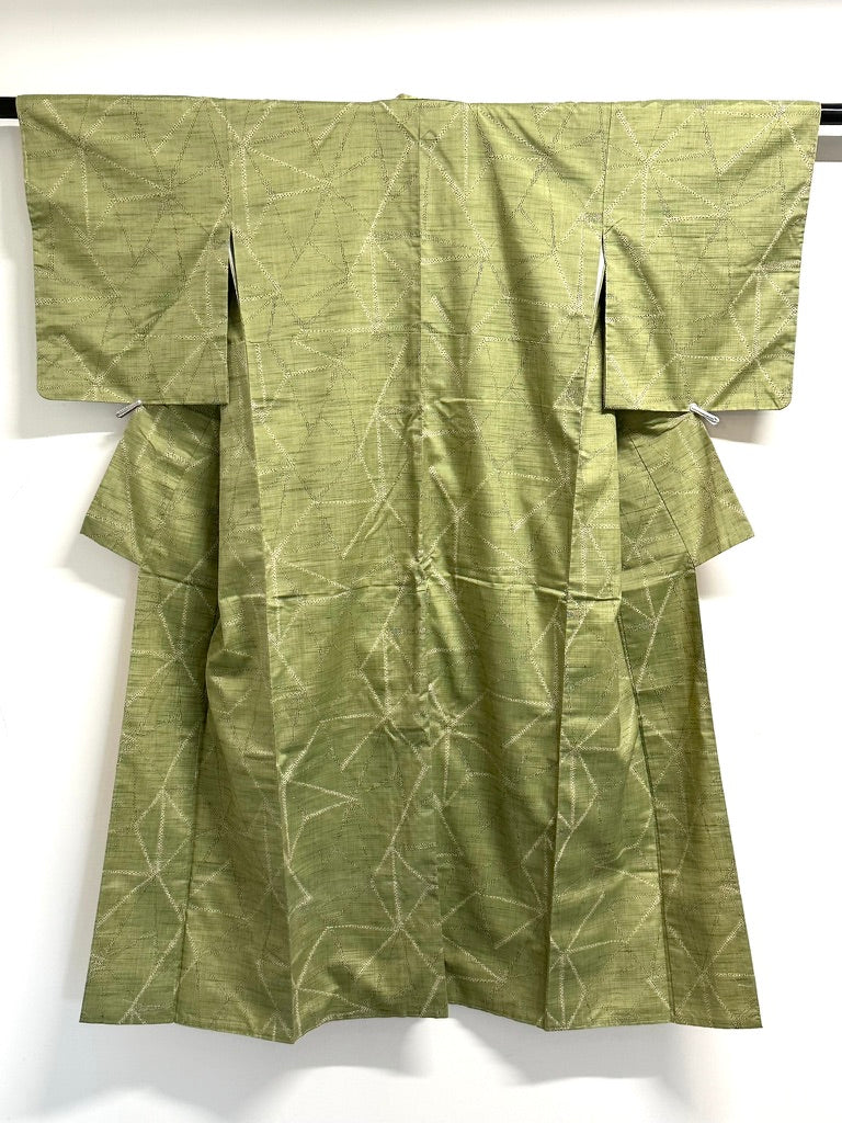 Vintage Japanese Hand Woven Tsumugi Silk Kimono Geometric Diamond Unused Showa