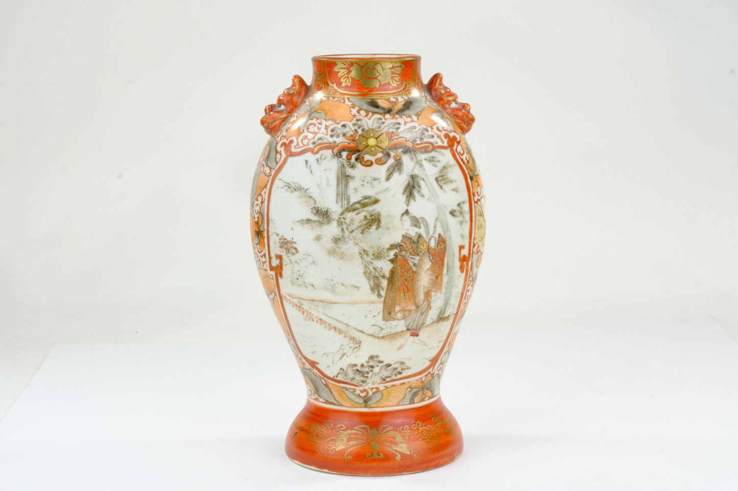 Antique Japanese Kutani Vase Dai Nippon Dragon Handles Bijin Figures Peony Butterfly Meiji 9H
