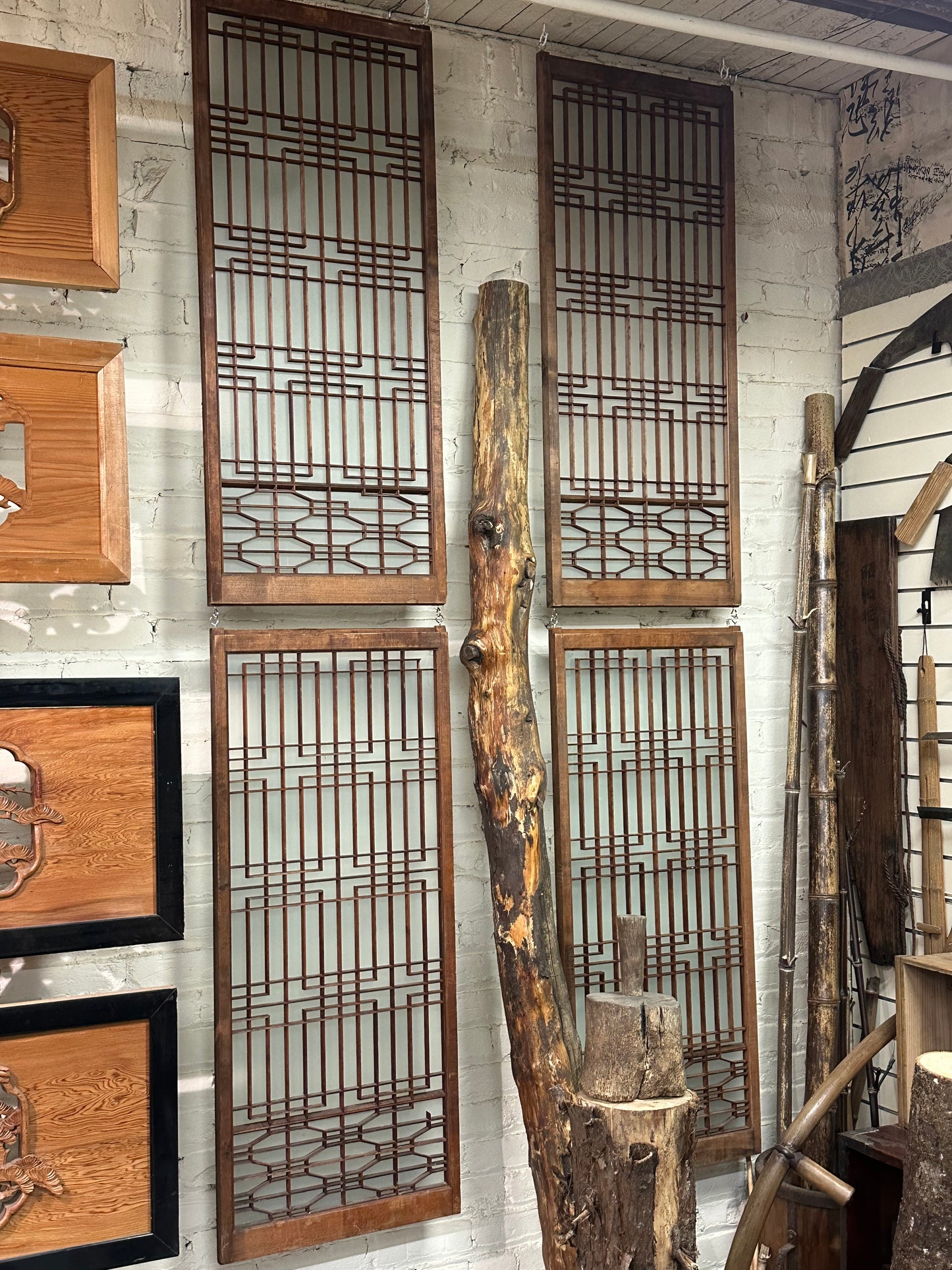 Vintage Japanese Window Glass Geometric Lattice Ranma Sugi Wood 41.5"