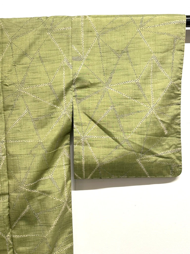 Vintage Japanese Hand Woven Tsumugi Silk Kimono Geometric Diamond Unused Showa
