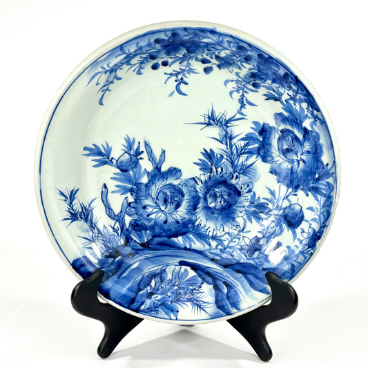 Antique Japanese Late Edo Period Imari Blue & White Porcelain Peony Bowl 12"W
