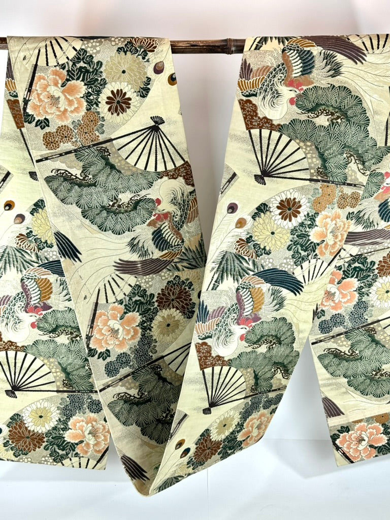 Antique Japanese Silk Maru Obi Taisho Phoenix Fan Chrysanthemum Pine 13'L