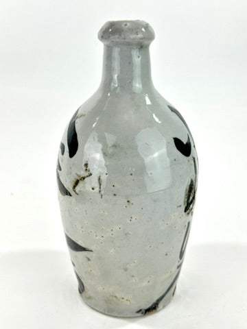 Antique Japanese Late Edo Meiji Grey Glazed Stoneware Tokkuri Sake Jug Calligraphy 9"H