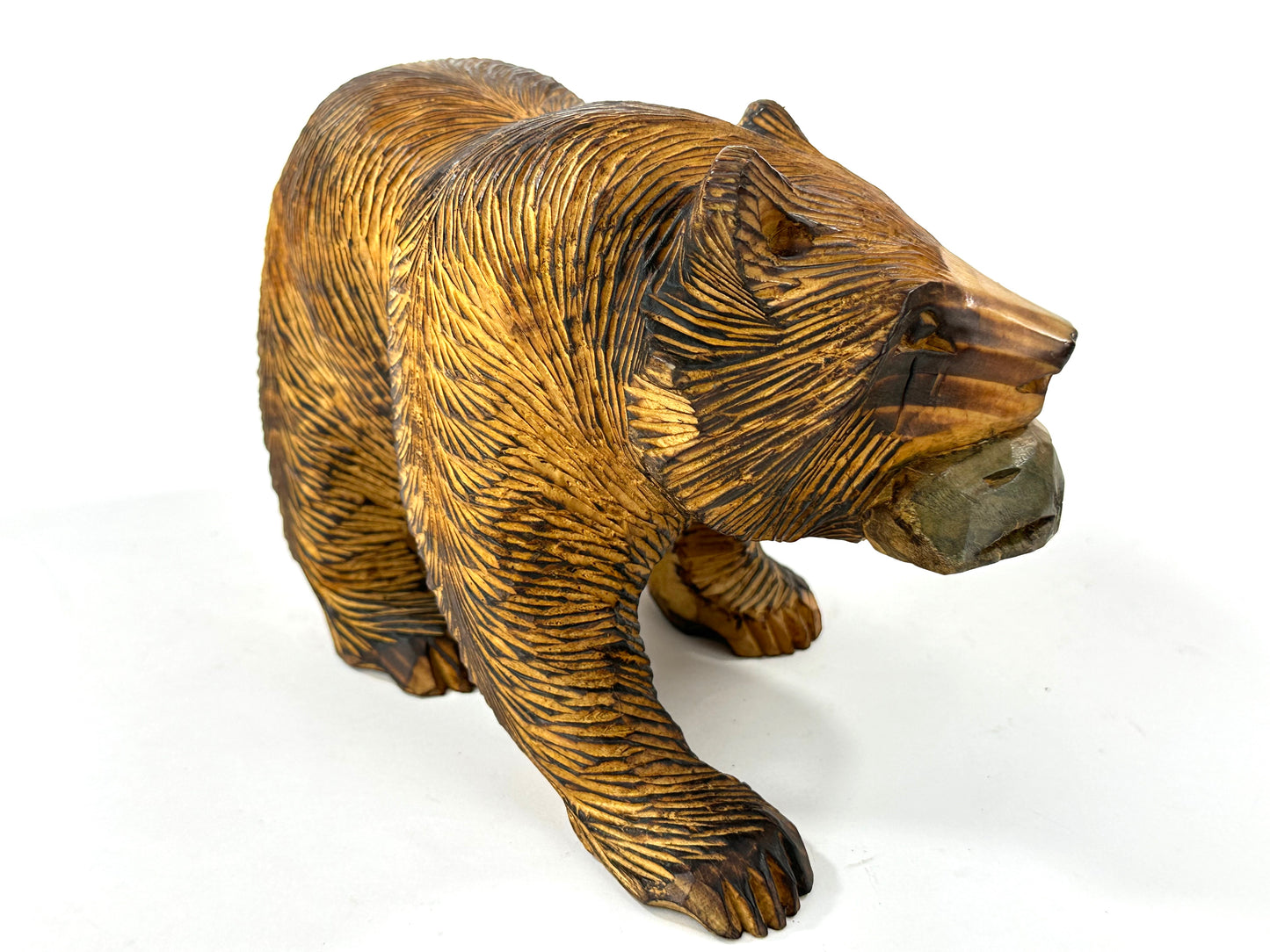 Vintage Japanese Ainu Bear Kuma w/ Salmon Signed Sugi Wood ~9"