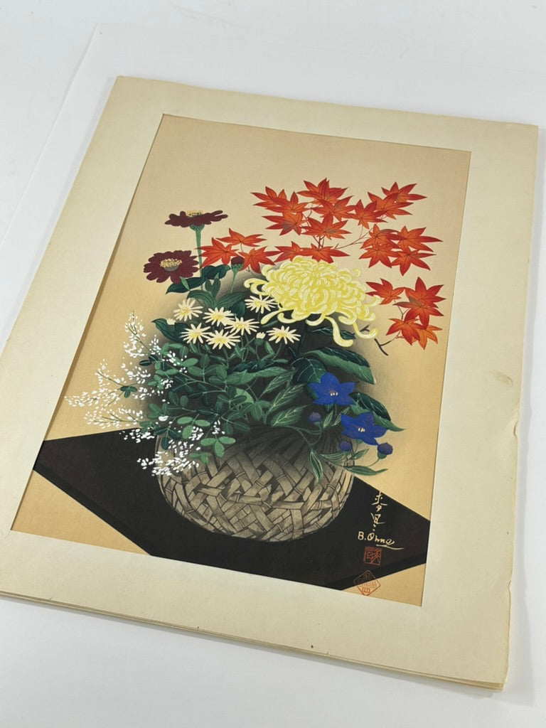 Vintage Japanese Woodblock Print Bakufu Ohno Ikebana Flower Arrangement 15.25"H