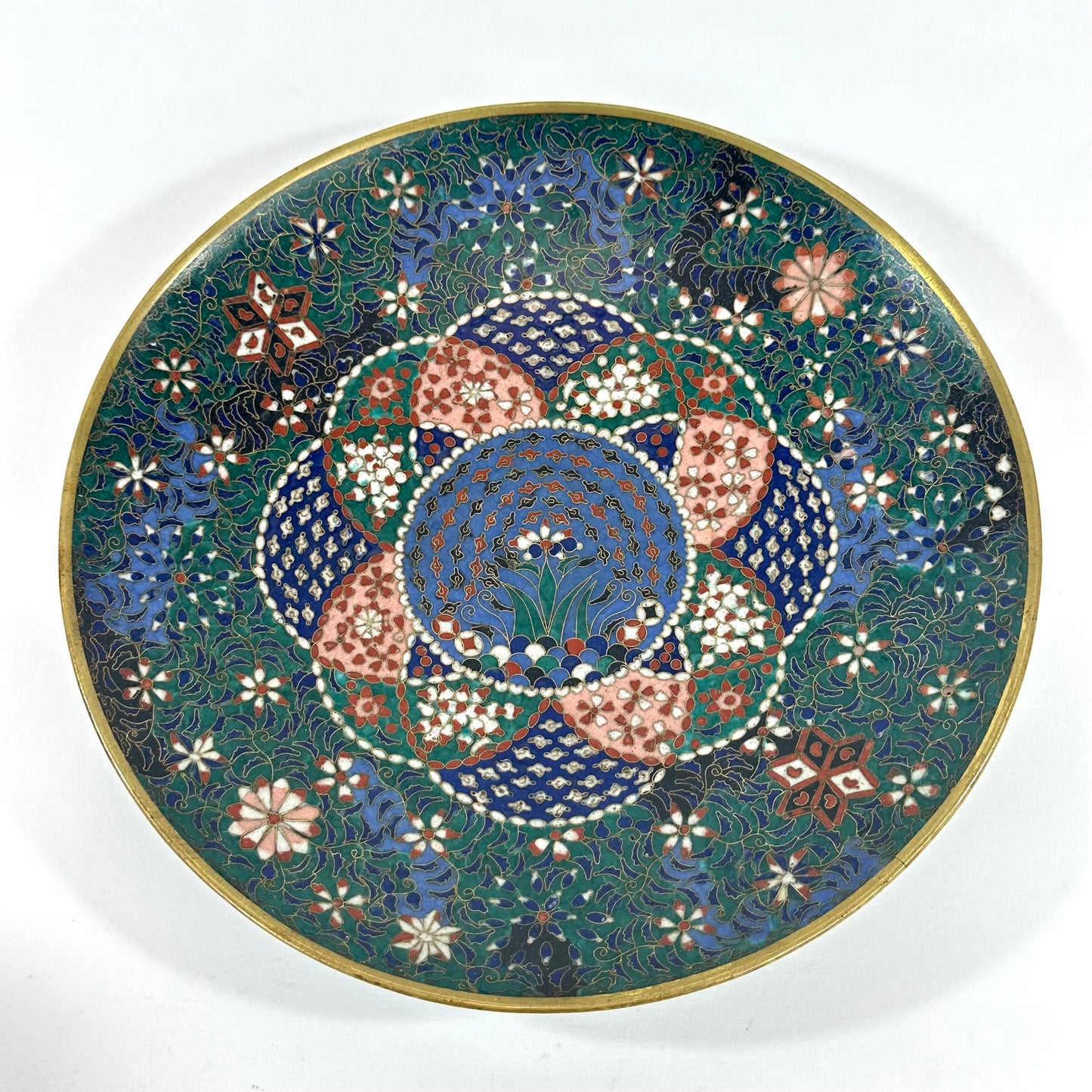 Japanese Meiji Cloisonne Shippo Plate Green Floral Medallion Iris Geometric 7.5"