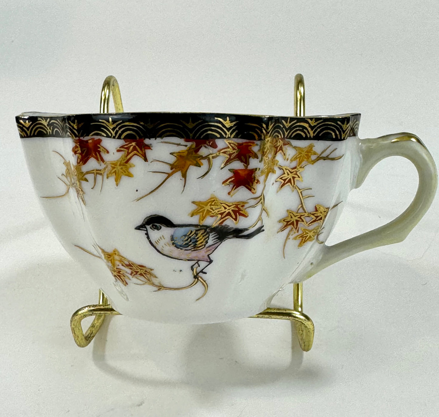 Vintage Japanese c1940’s Hand Painted Tea Cup & Saucer Set Bird & Maple