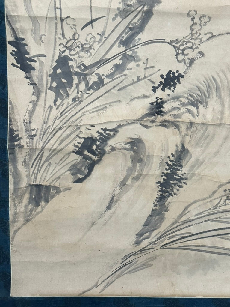 Antique Japanese Kakejiku Hanging Scroll Sparrow Bamboo Prunus Kacho-ga Ink 76"L