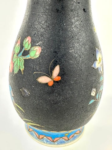Japanese Meiji Taisho Totai Shippo Ceramic Cloisonne Vase Black Ground Pink Floral 5"H