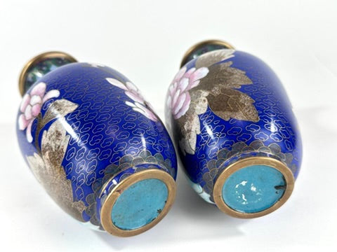 Chinese Republic Period Cloisonne Enamel Vase Pair Cobalt Blue Pink Peony 6"H