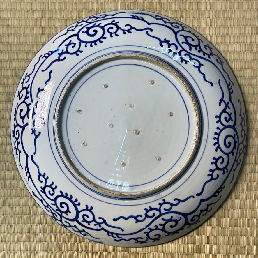 Antique Japanese Blue & White Porcelain Plate Kacho Bird Flower Landscape 14"W