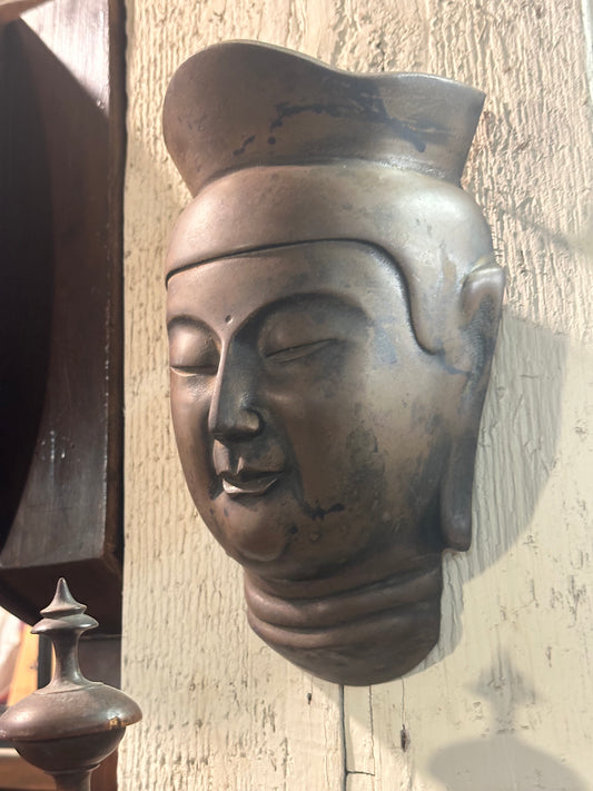 Vintage Japanese Face of Buddha Iron Wall Hanging 6.5"H