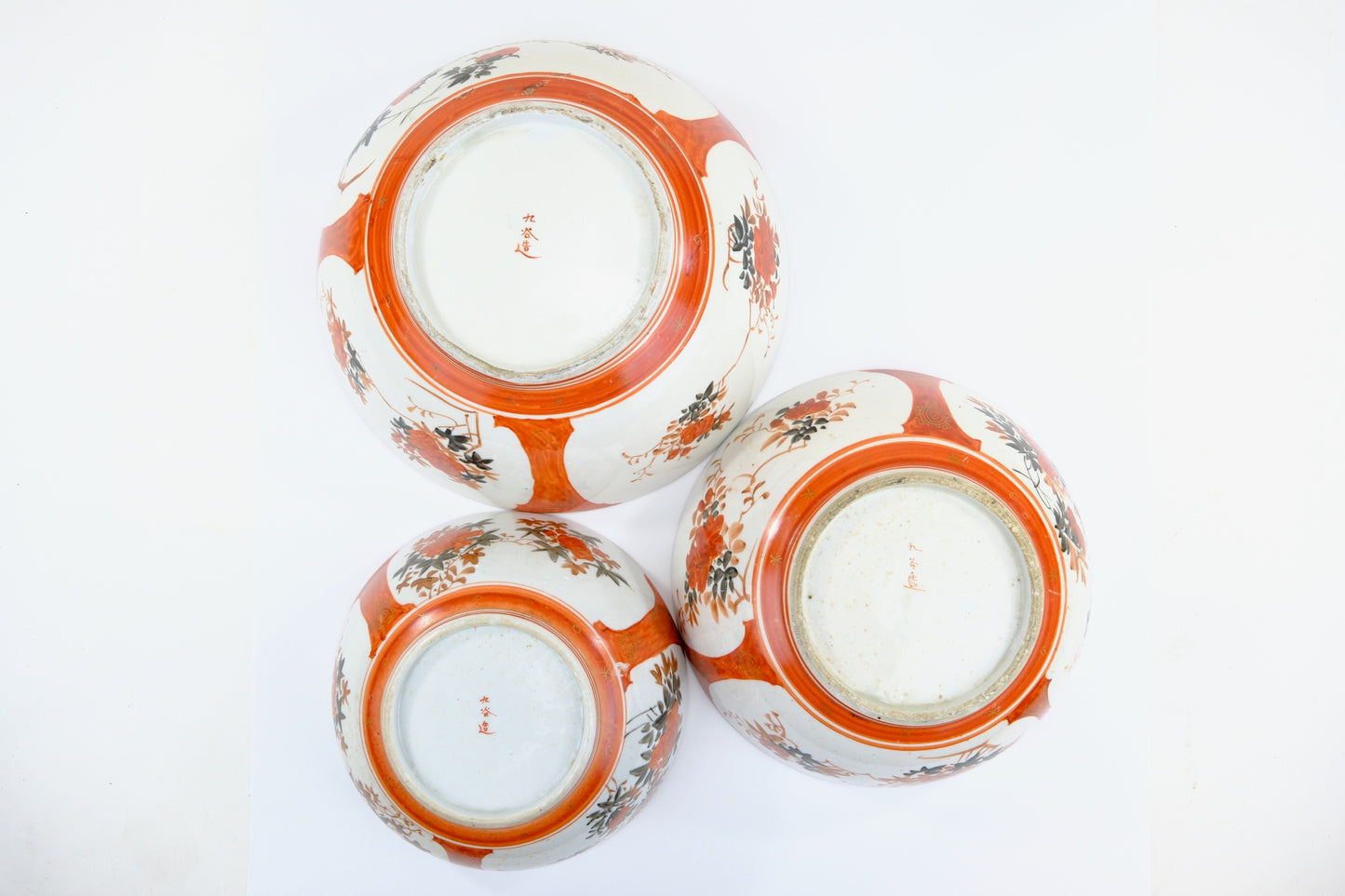 Antique Japanese Kutani Aka-e Nesting Bowl Set Three Karako Children Peony Meiji 10"W