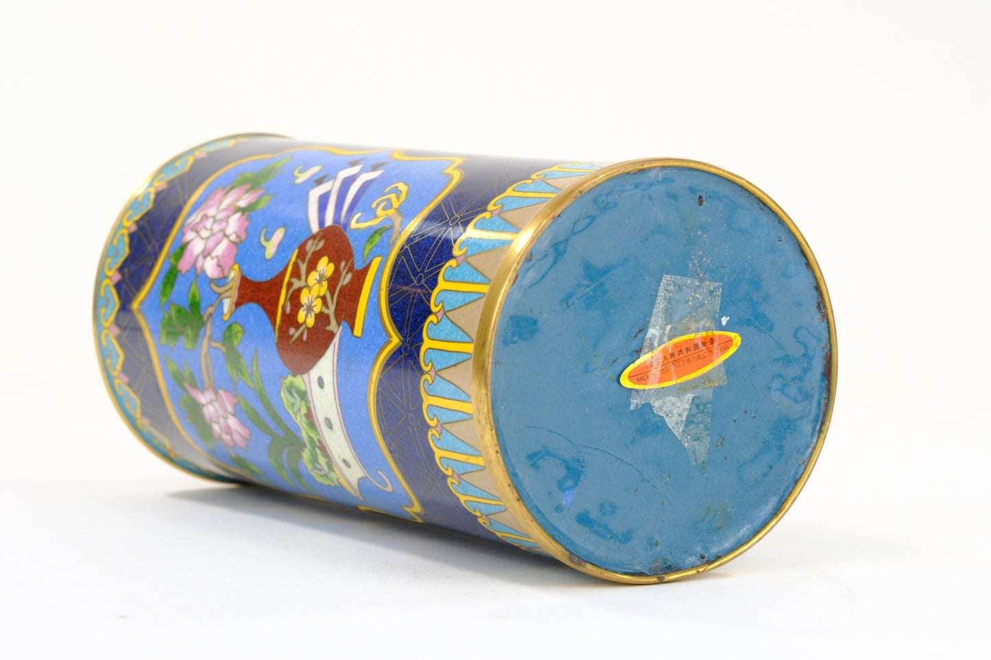 Chinese Cloisonne Enamel Brush Pot Cylinder Vase Blue Ground Scholar Objects Panel 7"H