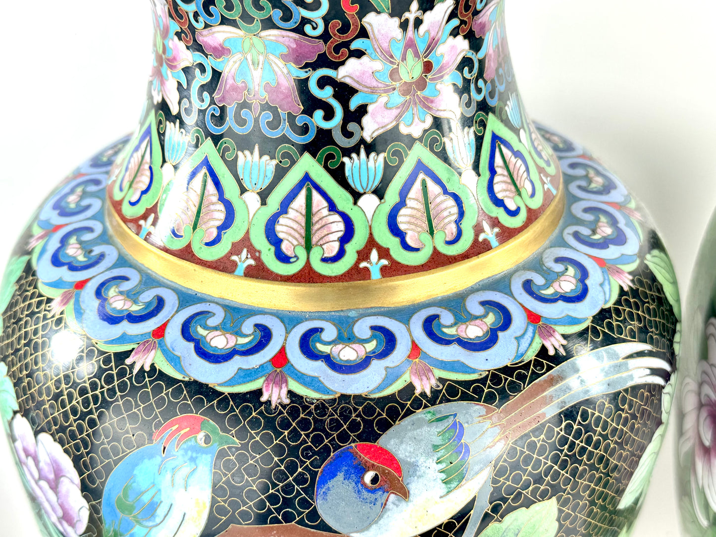 Vintage Chinese Cloisonne Vase Pair Black Ground Peony Pheasant Polychrome 20"H