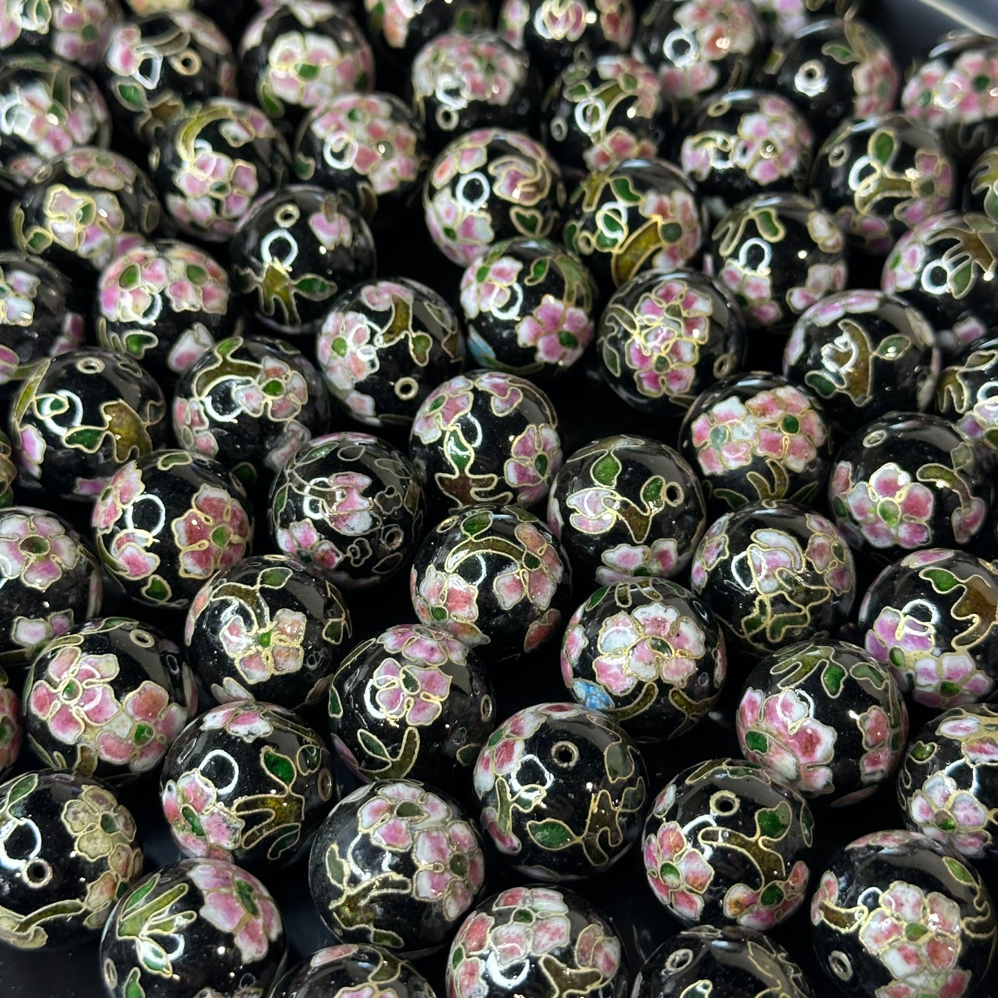 One Vintage Chinese Cloisonne Black & Pink Bead 18mm Glass Enamel Jewelry