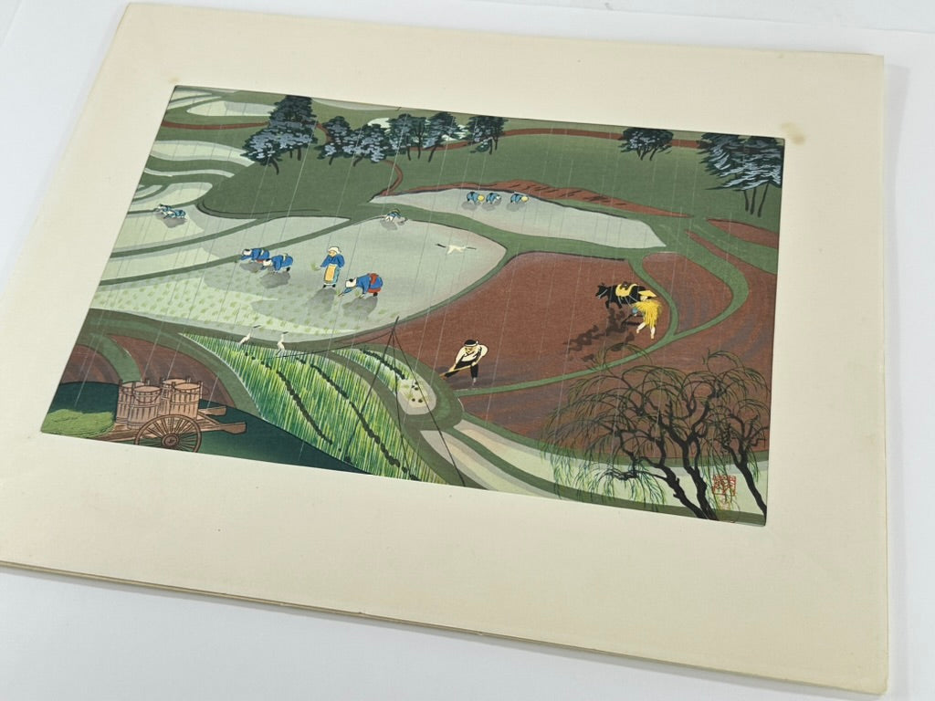 Vintage Japanese Woodblock Print Bakufu Ohno Rice Planting in the Rain 15.25"H