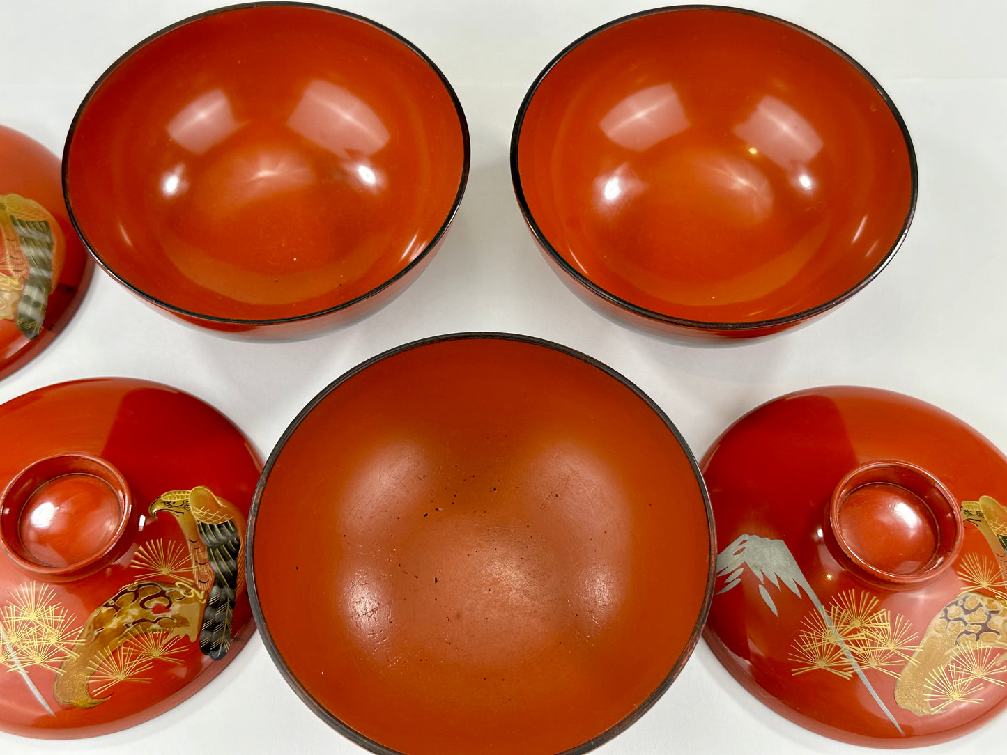 Set of 3 Antique Japanese Meiji Era (c1890's) Red Lacquer Makie Wooden Mt Fuji Hawk Bowl 4.5"