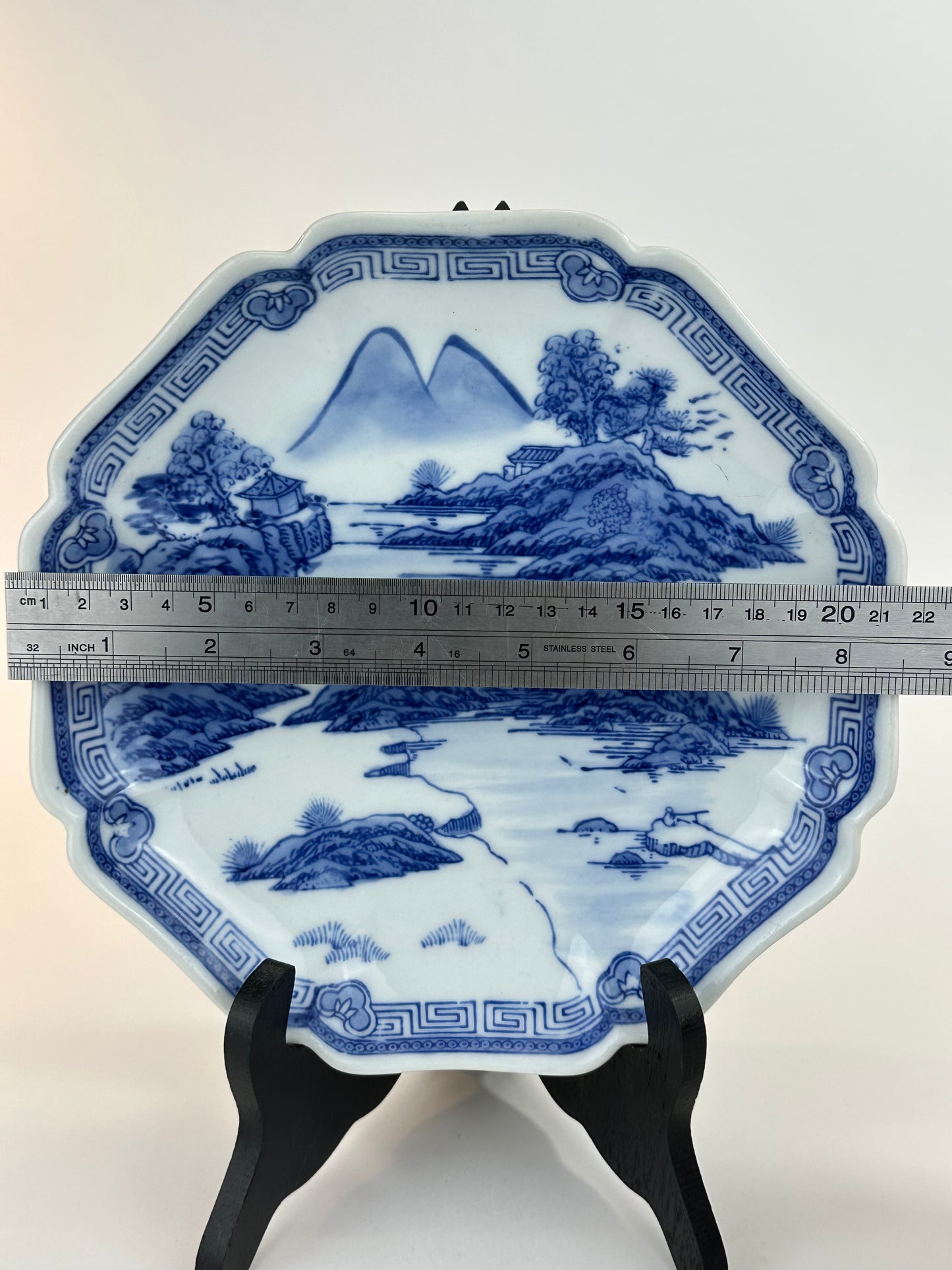 Antique Japanese Late Meiji c1910's Blue & White Scenic Porcelain Plate 8.5"W