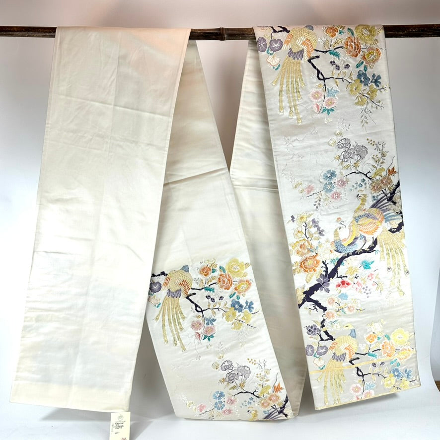 Vintage Japanese Silk Fukuro Obi Embroidered Phoenix Peony Blossom 13'L