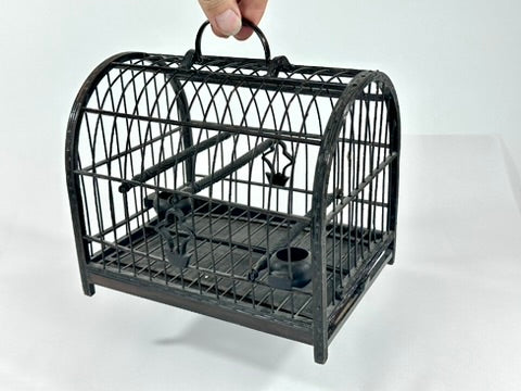 Chinese Vintage Blackened Bamboo Birdcage Barrel Vault Dome Perch Feeder Fret Border 8 Inches