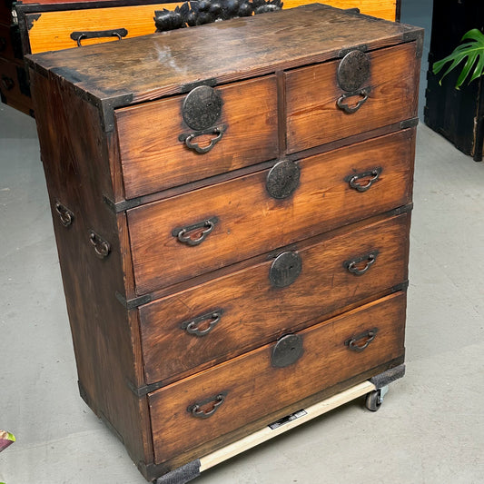 Antique Japanese Meiji Era c1870's Sugi Wood Kimono Tansu Mokko Iron Hardware