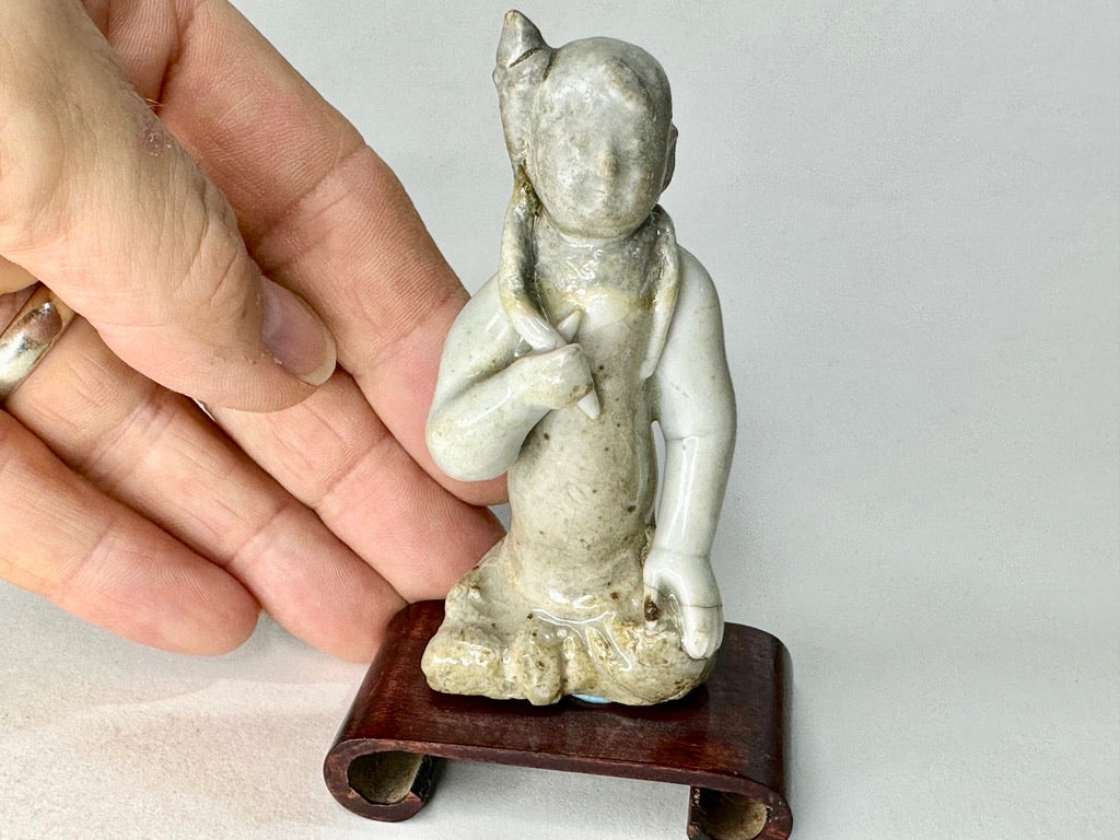 Chinese Pale Glazed Earthenware Buddhist Deity Figure Lotus Hardwood Stand 3.5"