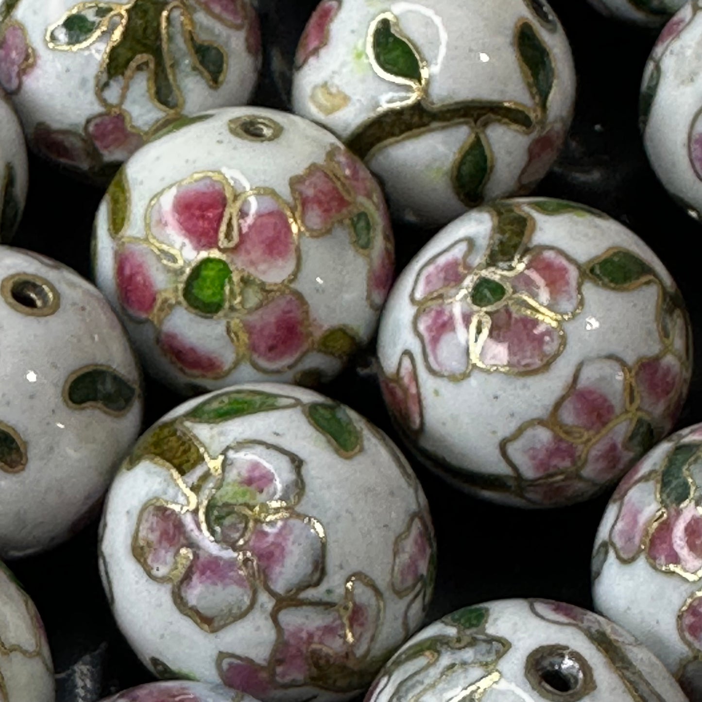 Vintage Chinese Cloisonne Pink & Green Floral Bead 18mm Glass Enamel Jewelry