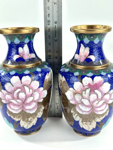 Chinese Republic Period Cloisonne Enamel Vase Pair Cobalt Blue Pink Peony 6"H