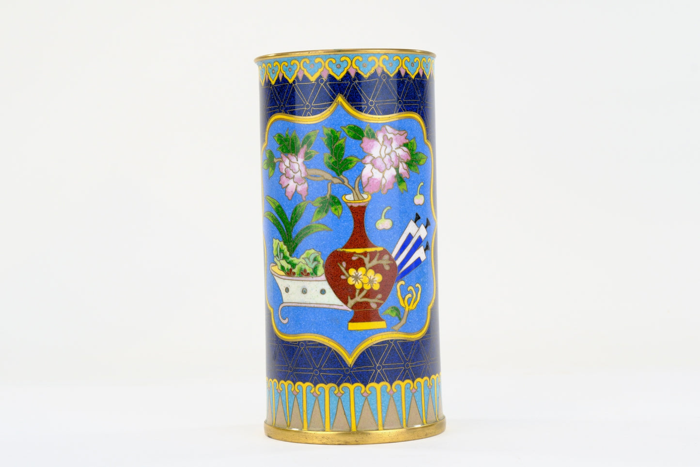 Chinese Cloisonne Enamel Brush Pot Cylinder Vase Blue Ground Scholar Objects Panel 7"H