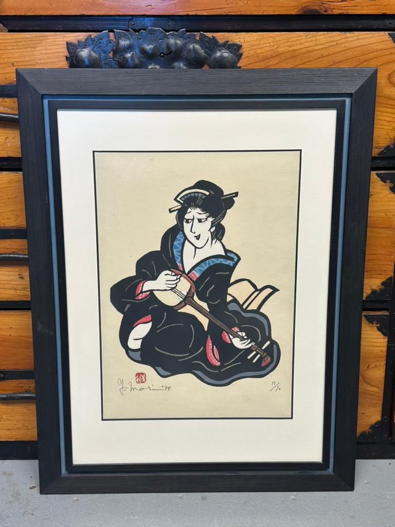 Vintage Japanese Kappazuri Print Yoshitoshi Mori Bijin Playing Shamisen 1984 Ed 13/90
