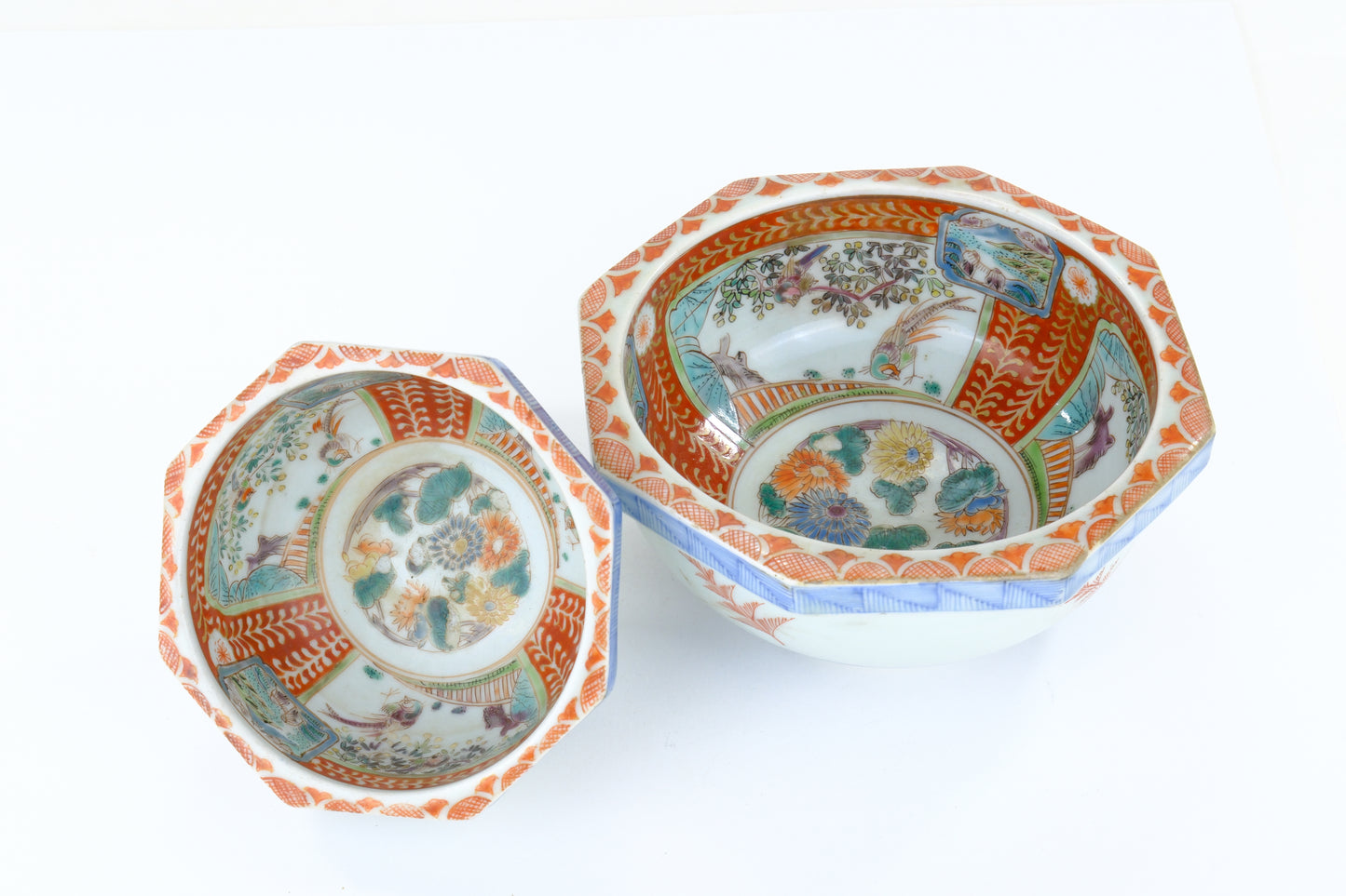 Antique Japanese Edo Imari Nesting Octagon Bowls Pair w/ Presentation Box 7"