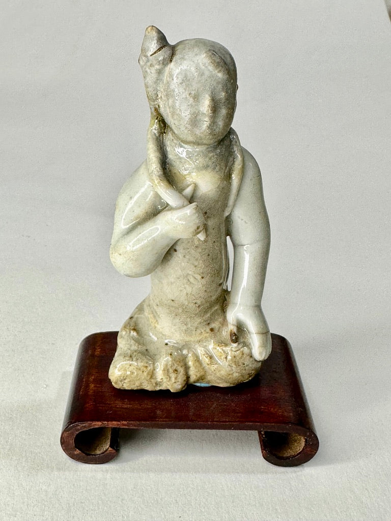 Chinese Pale Glazed Earthenware Buddhist Deity Figure Lotus Hardwood Stand 3.5"
