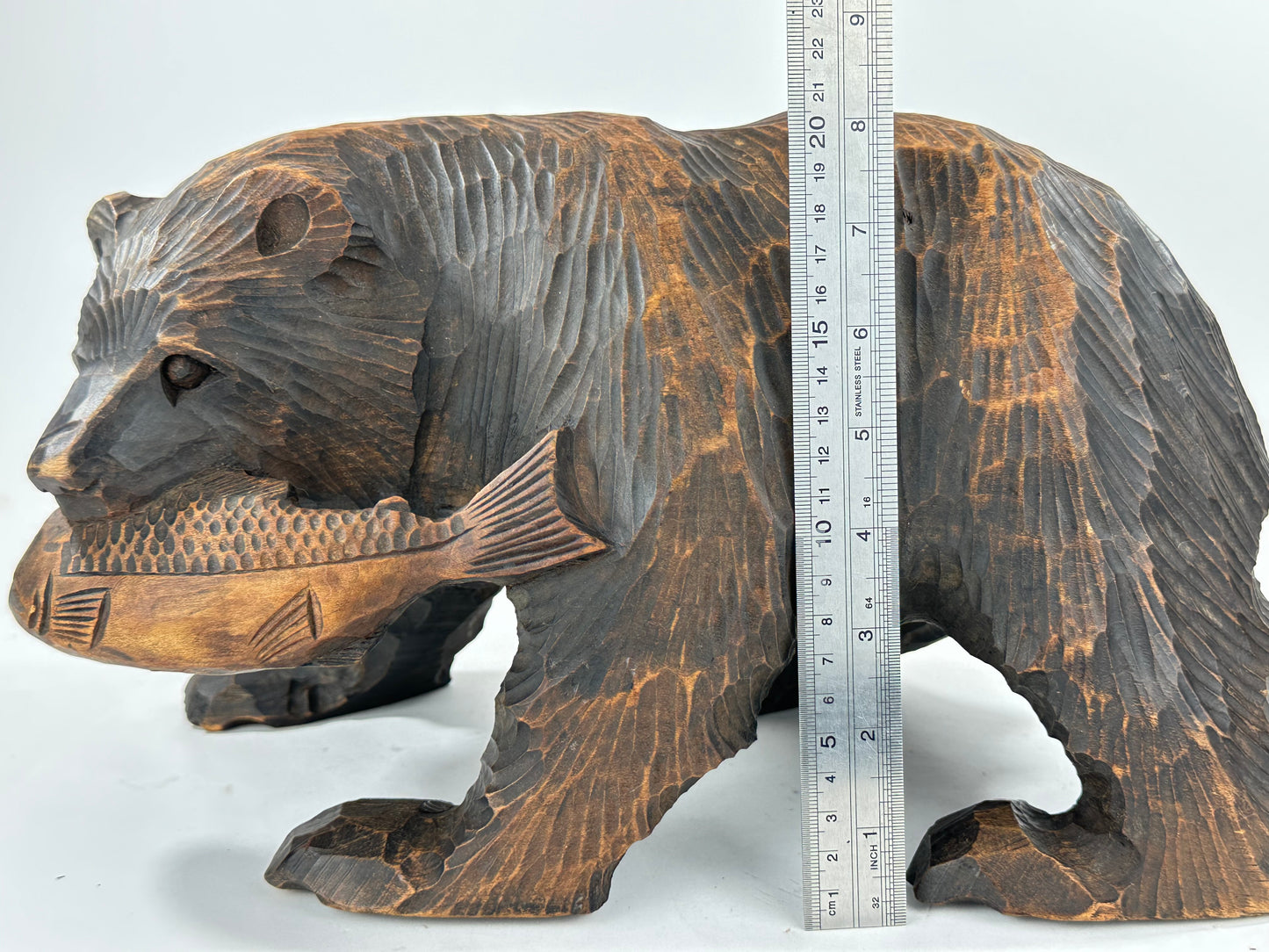 Vintage Japanese Ainu Bear Kuma w/ Salmon Signed & Dated 1972 Sugi Wood ~13"