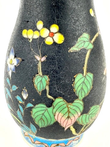 Japanese Meiji Taisho Totai Shippo Ceramic Cloisonne Vase Black Ground Pink Floral 5"H