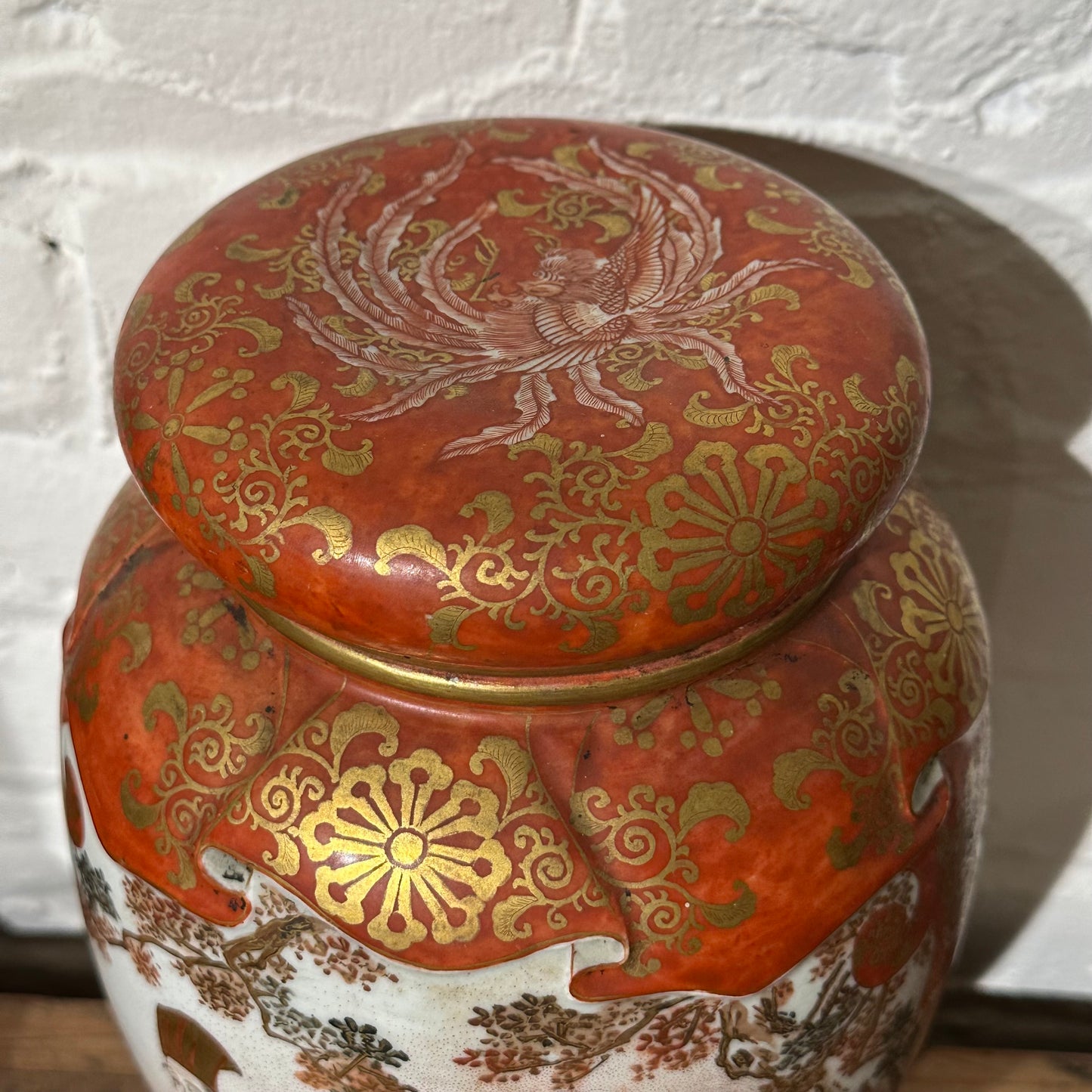 Antique Japanese c1890’s Kutani Lidded Jar Burnt Orange & Gold 11"