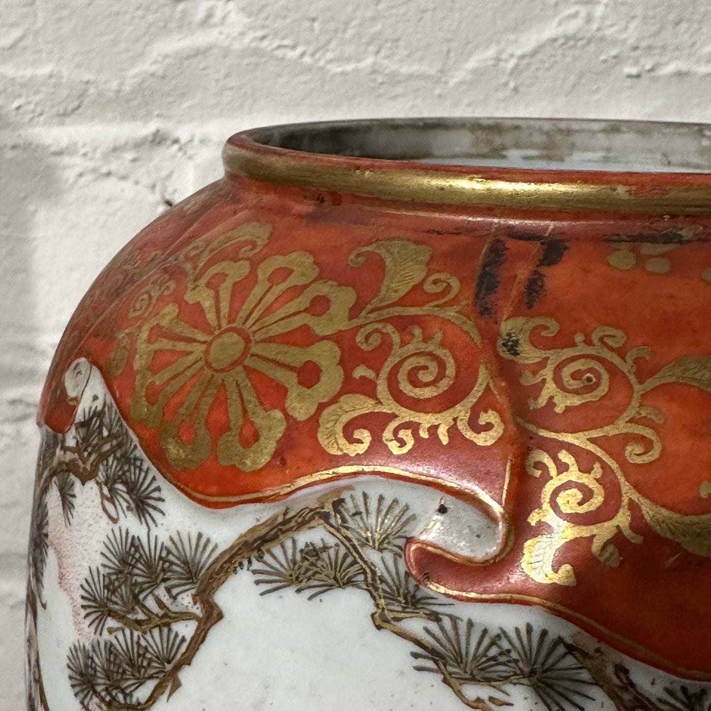 Antique Japanese c1890’s Kutani Lidded Jar Burnt Orange & Gold 11"