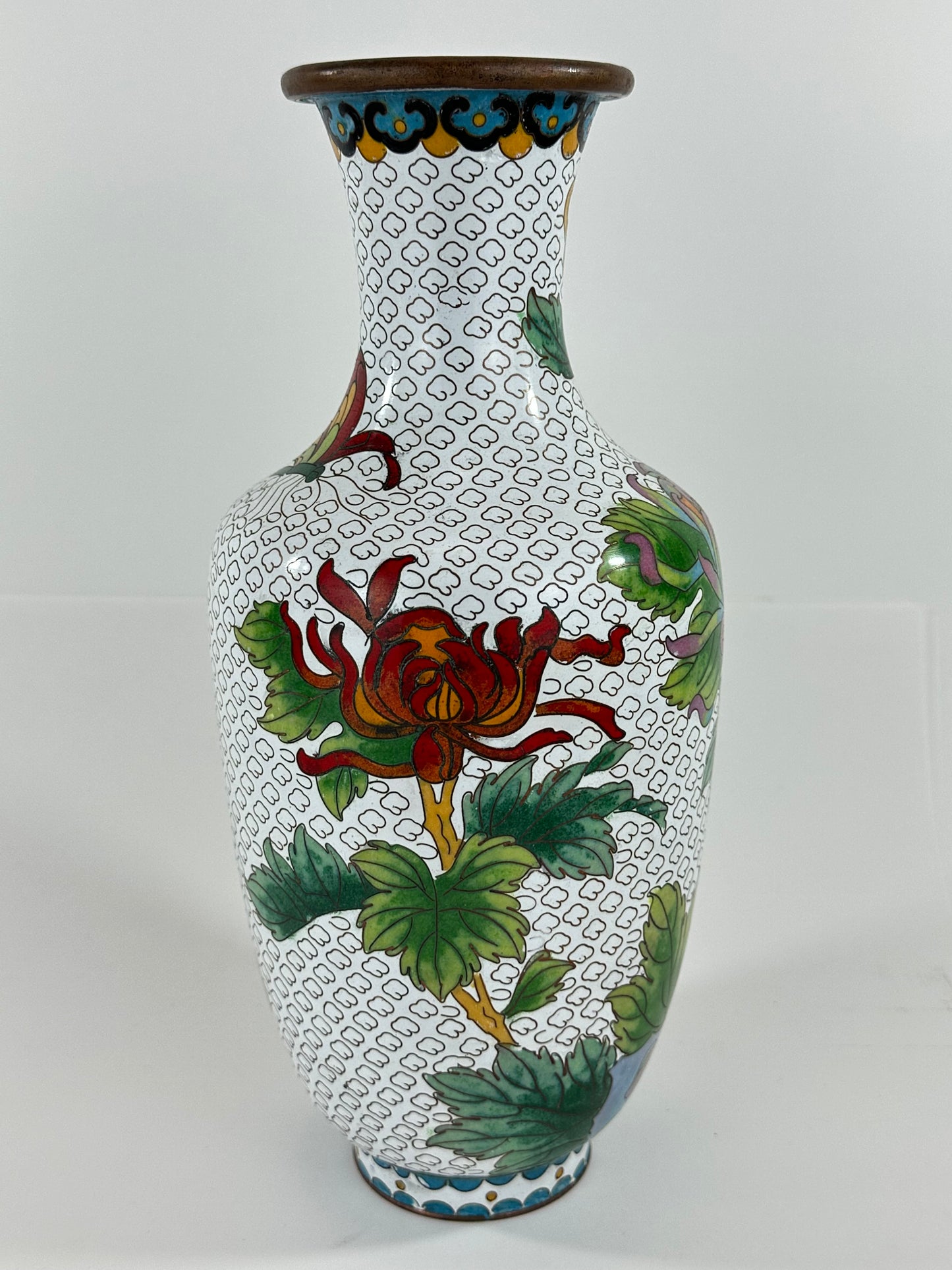 Vintage Chinese Cloisonné Vase chrysanthemum motif 12”