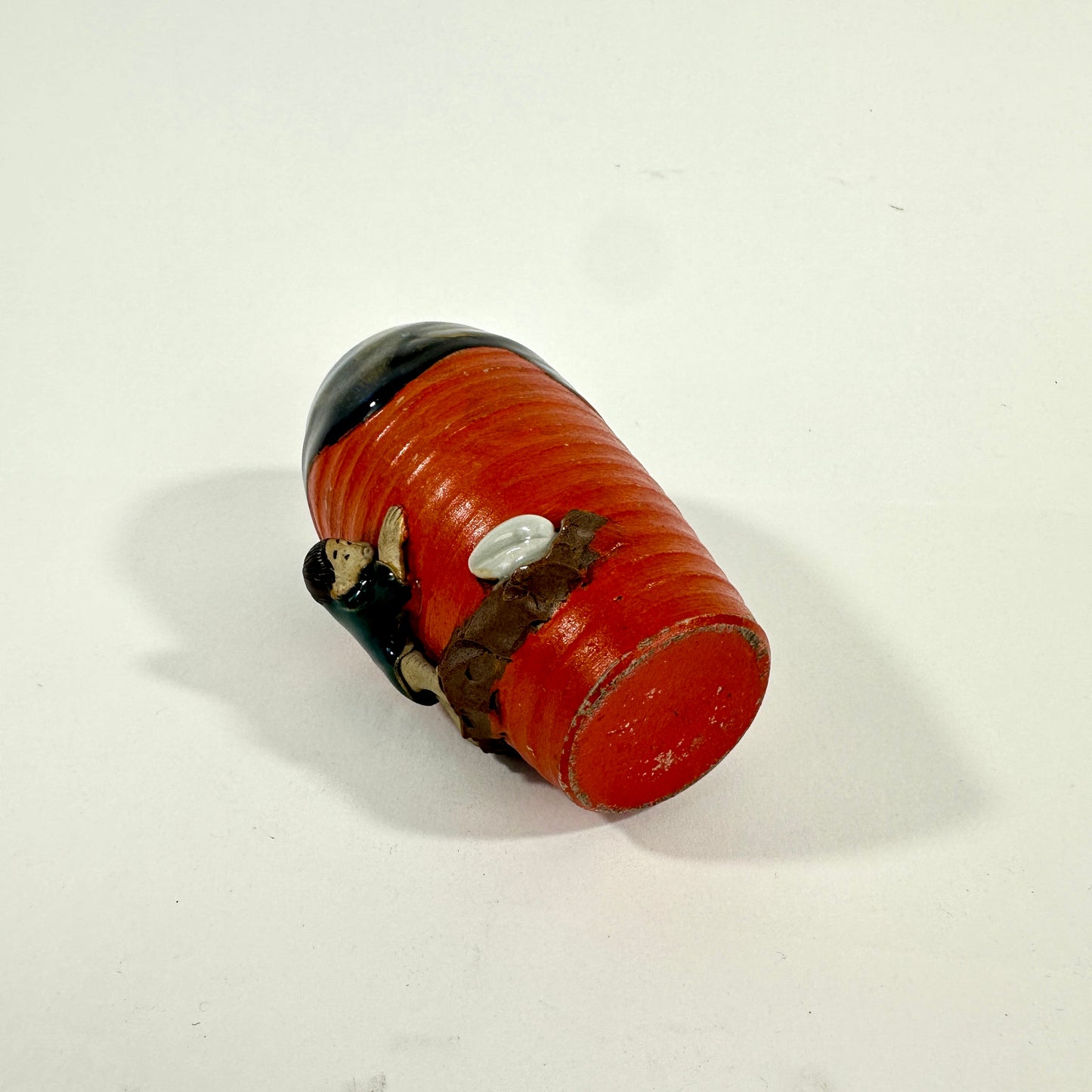 Antique Japanese Sumida Gawa Pottery Vase Figure Boy Red Orange Black Flambe Glaze Meiji 4.5"H