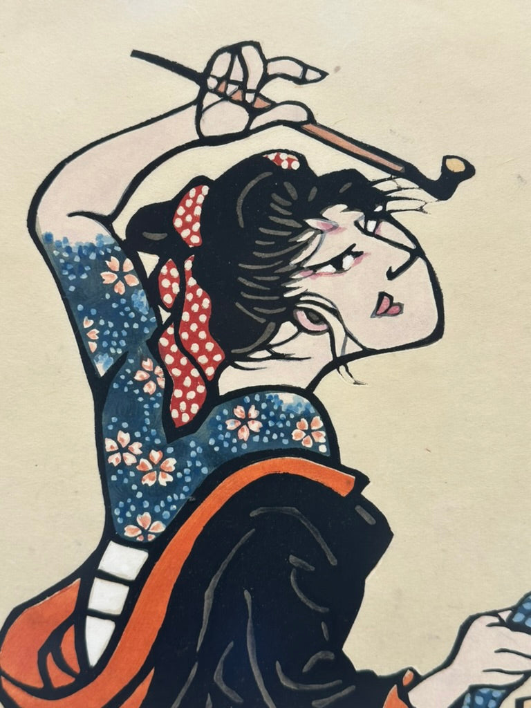 Vintage Japanese Kappazuri Print Yoshitoshi Mori Bijin with Kiseru Smoking Beauty 1984 Ed 31/90