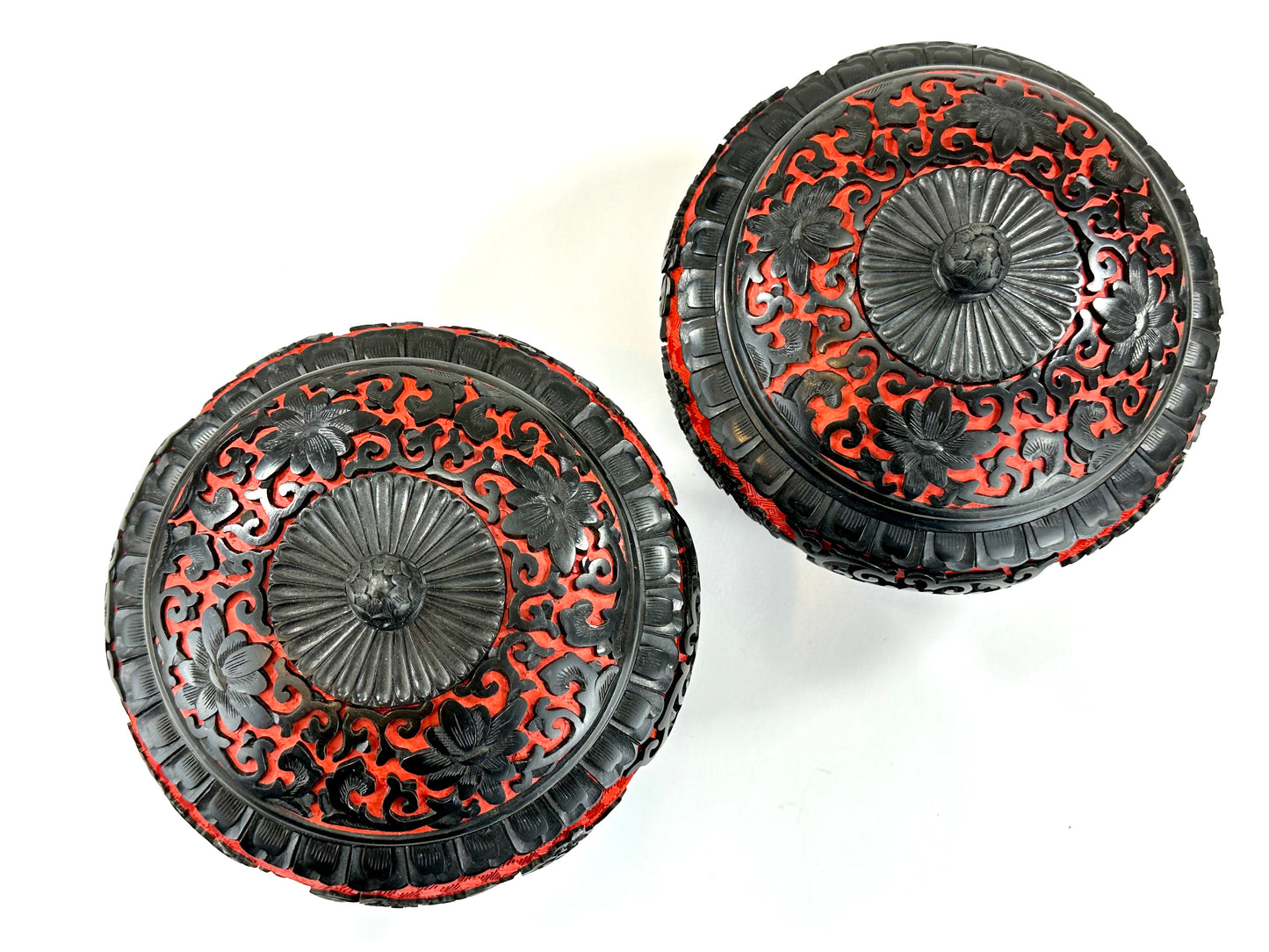 Vintage Chinese Cavered Lacquer Lidded Bowls Floral & Arabesque Motif Pair