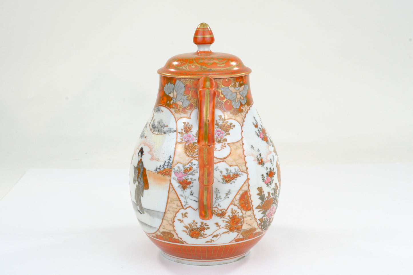 Antique Japanese Kutani Coffee Pot Bijin Figures Paradise Bird Butterfly Bamboo Handle Meiji