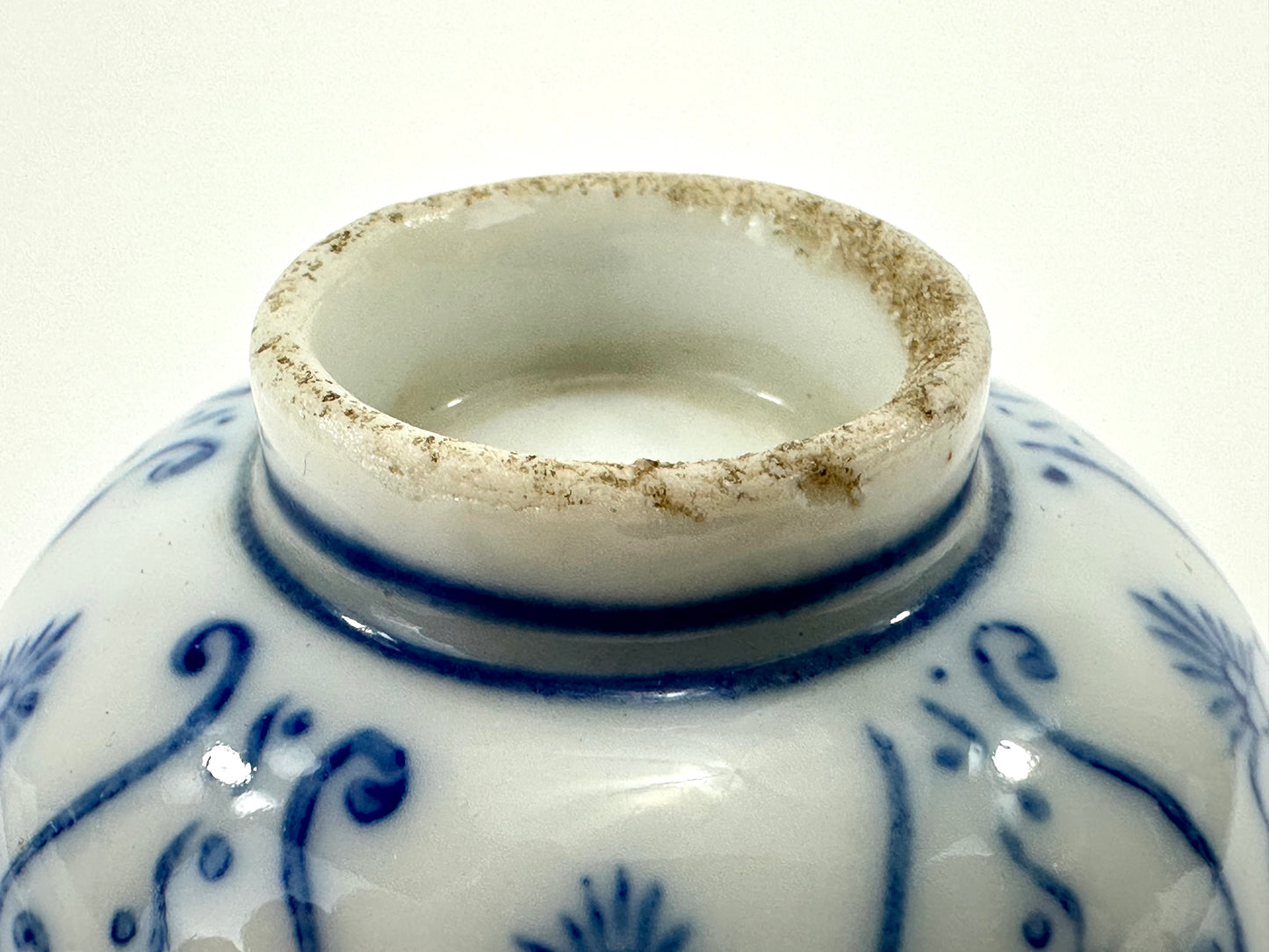 Antique Japanese Porcelain Cup with Blue Floral Pattern 3"
