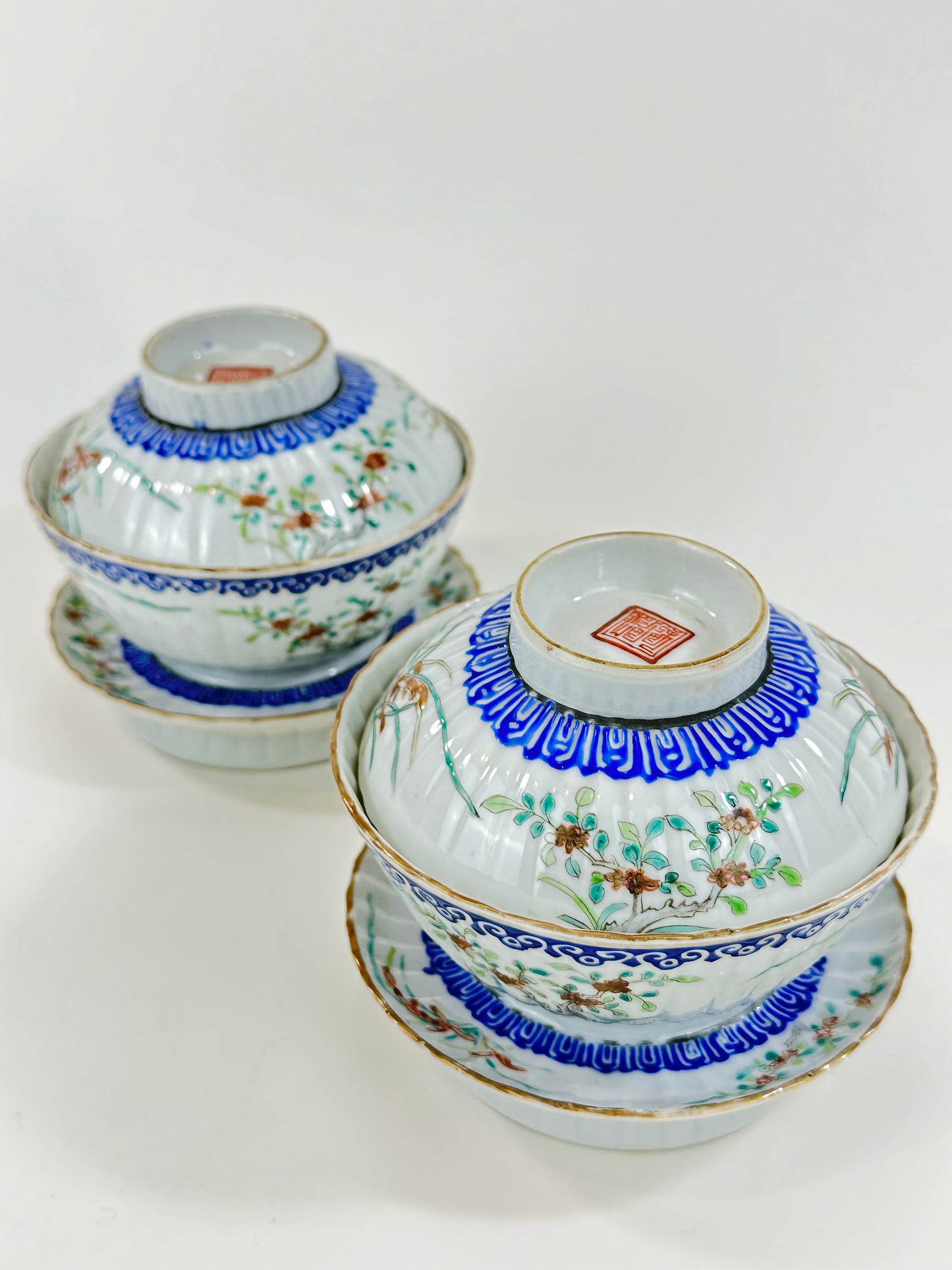 Antique Chinese Pair of Gaiwan Tea Cups c1910/20's Blue & White