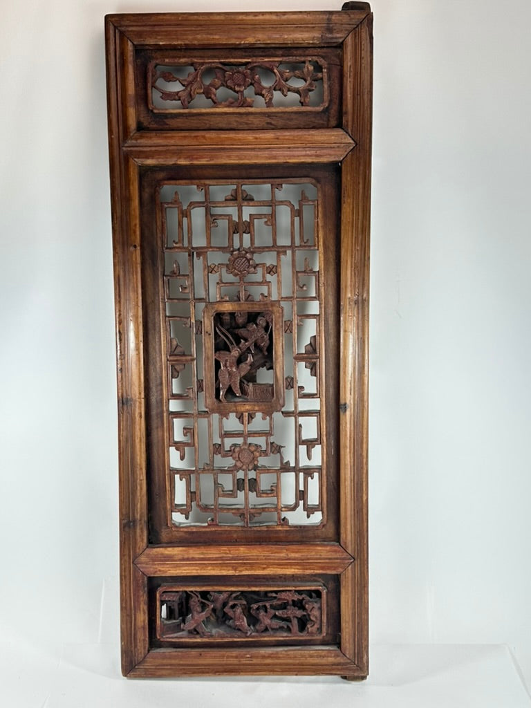 Antique Chinese Qing Carved Wood Window Shutter Panel Battle Scene 32″H