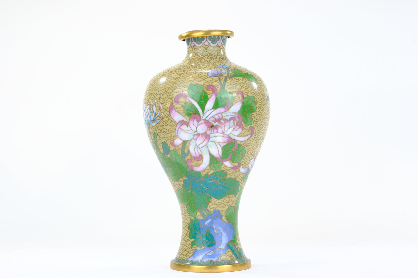 Chinese Cloisonne Enamel Meiping Vase Gold Ground Lotus Chrysanthemum Butterfly 9"H