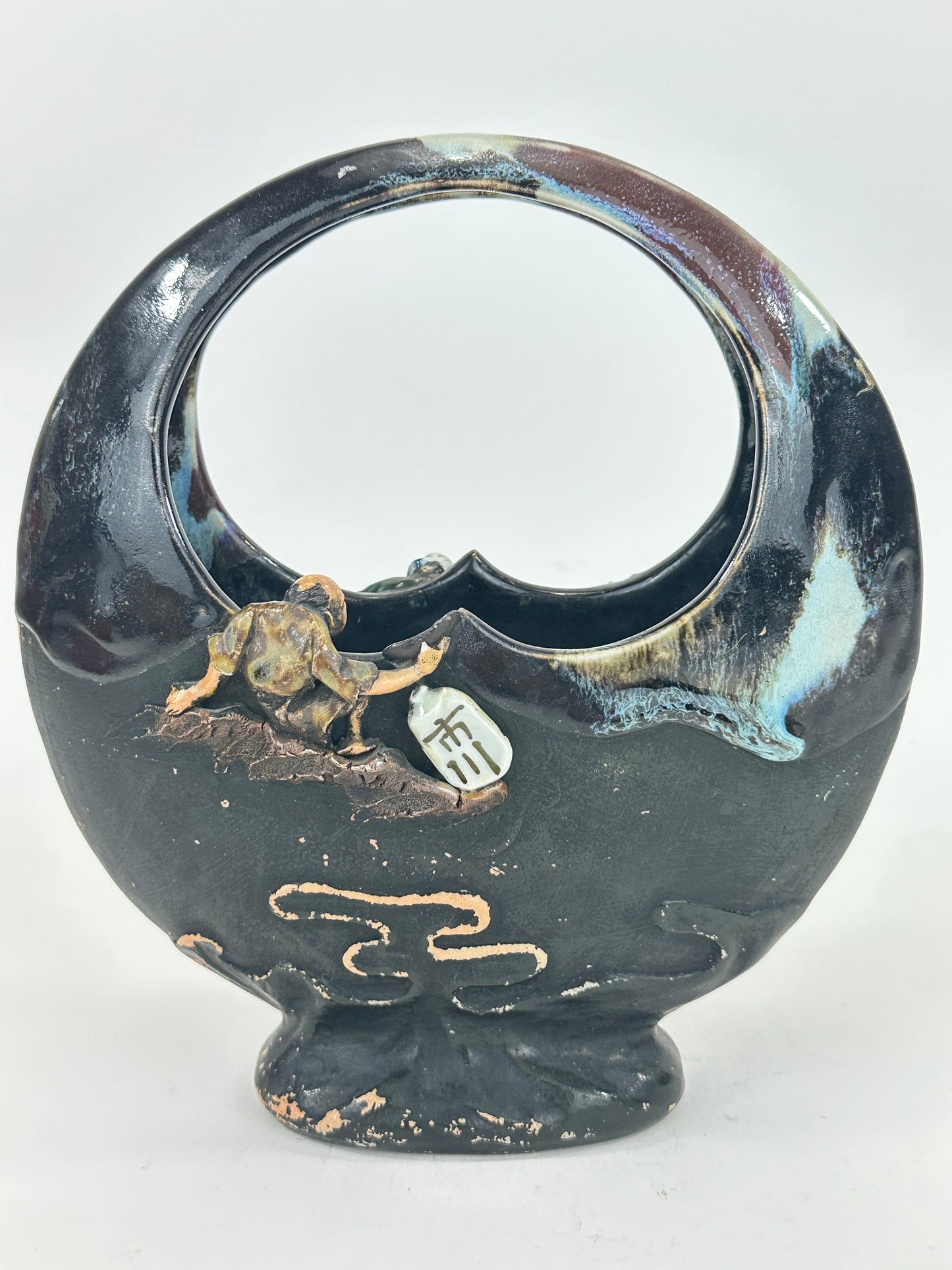Antique Japanese Sumida Gawa Glazed Ceramic Basket Vase w/ Figures Inoue Ryosai (c.1900) LS#052